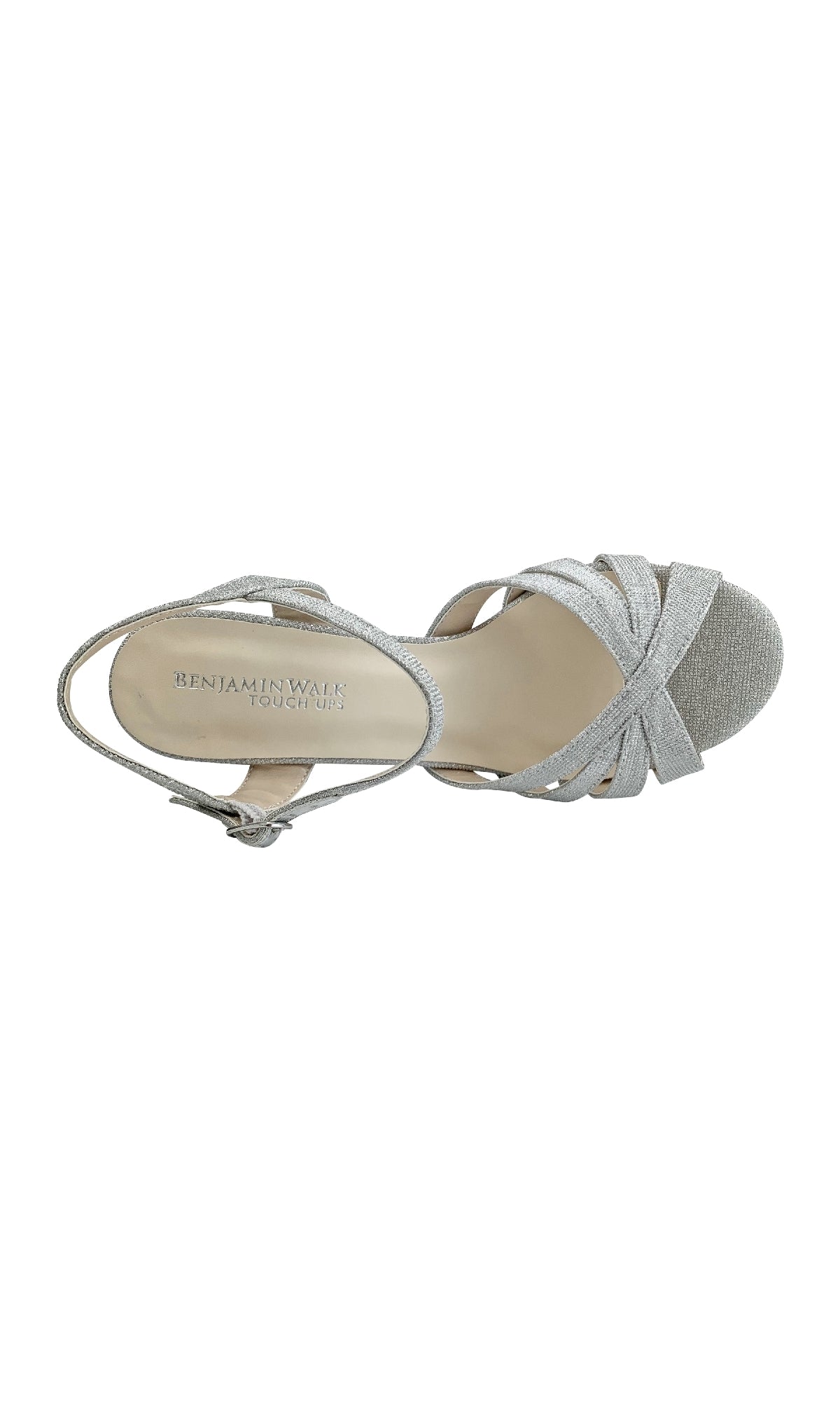 A top view of the Maeve Silver Glitter Prom Shoes (Touch Ups 4528) shows crisscross straps, an ankle buckle, and an open toe; the insole is labeled